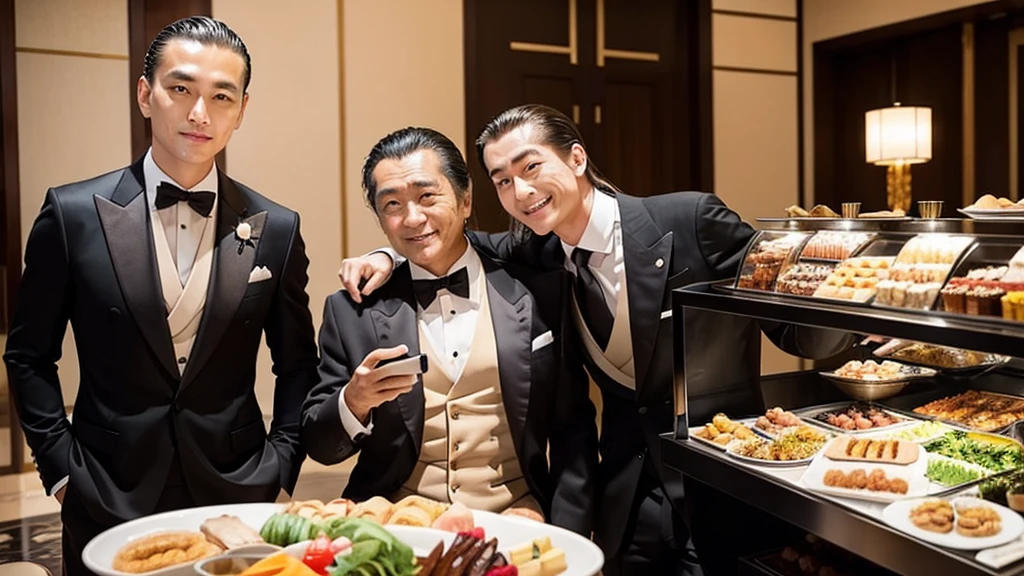 A man with his bangs down and a man with his hair slicked back are taking a photo together, Japanese, Luxury Suits, Luxury hotel buffet
