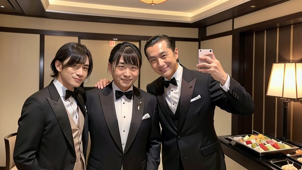 A man with his bangs down and a man with his hair slicked back are taking a photo together, Japanese, Luxury Suits, Luxury hotel buffet