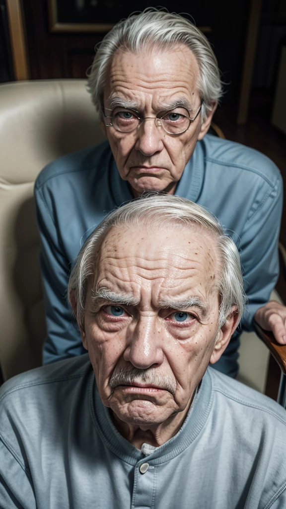 Elderly man sitting on a chair holding a cane and angry face High quality, perfect eyes, angry eyes