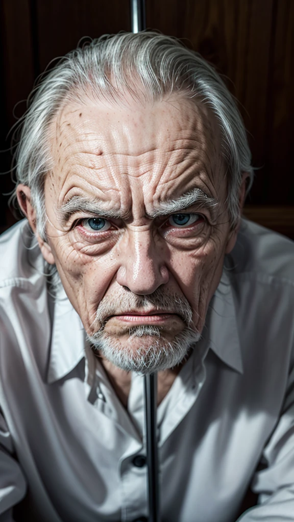 Elderly man sitting on a chair holding a cane and angry face High quality, perfect eyes, angry eyes