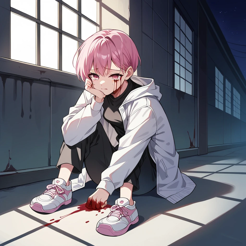 1girl, teenager, light skin, long pink hair, pink eyes, black shirt, white jacket, black pants, sports shoes, anime style, digital art, crying, bleeding, on the floor with hands resting on the ground, abandoned building, night light coming through the window, night, darkness, purple color palette, (blood on face), (mouth closed)