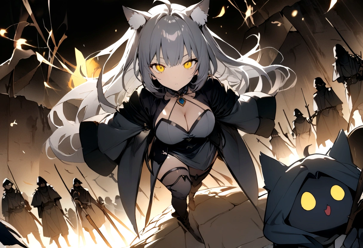 Dynamic Angles、Raising the German flag、Suspicious Gathering、Surrounded by enemies、(masterpiece, best quality:1.2), 1girl, 独奏、Gray cat ears、Grey long hair、Ahoge、Yellow Eyes、Gray cat ears、Background of military bases、Fisheye Lens、battlefield、Shadows of light and darkness、Expressionless、Grim face、battle、Black High Knee Socks、Cleavage、