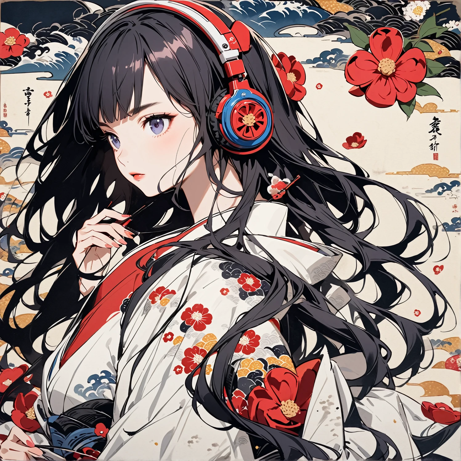 Highest quality, Katsushika Hokusai, Ink Painting, (((longhair))), (((White kimono))), Japanese style headphones, camellia, beautiful girl, Black Hair, Delicate and precise, Modern ukiyo-e style,