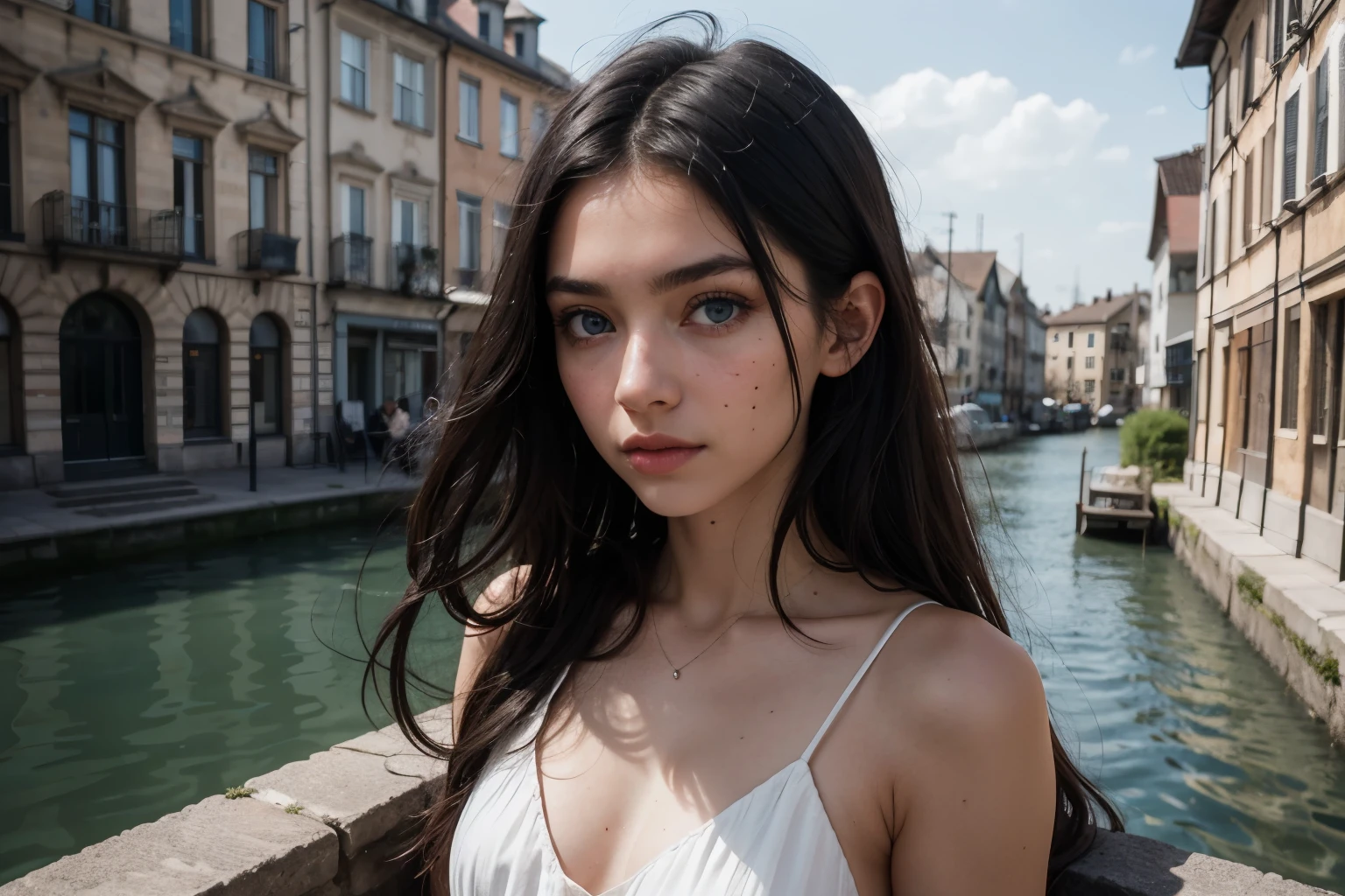 35mm film, solo, makeup, blue eyes, , (white dress), looking at viewer, epiCPhoto,focus on face, close to viewer, intricate lines, medieval houses, cobblestone path, (((urban lake))), sharp magnificent details, delicate features, elaborate details, beautiful girl, ((black hair)), (long hair) eighteen years old woman, ((upper body)) (Acne), ((natural lighting))