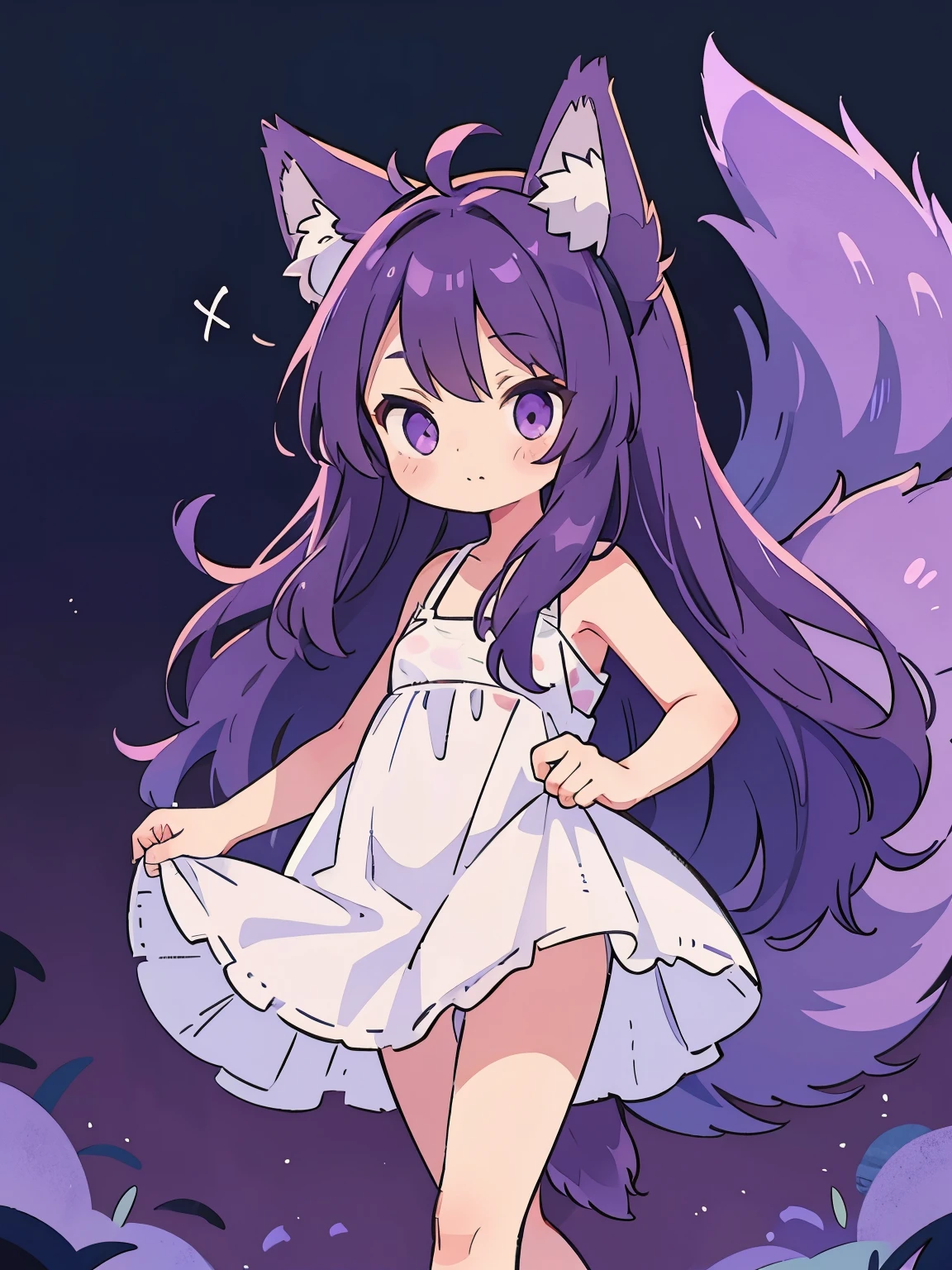 Cute, young, flat chest, 10 years old, naked, small legs, kneeling, thin legs, wolf ears, fluffy tail, dark purple hair, dark purple tail, smiling, cosmic hair