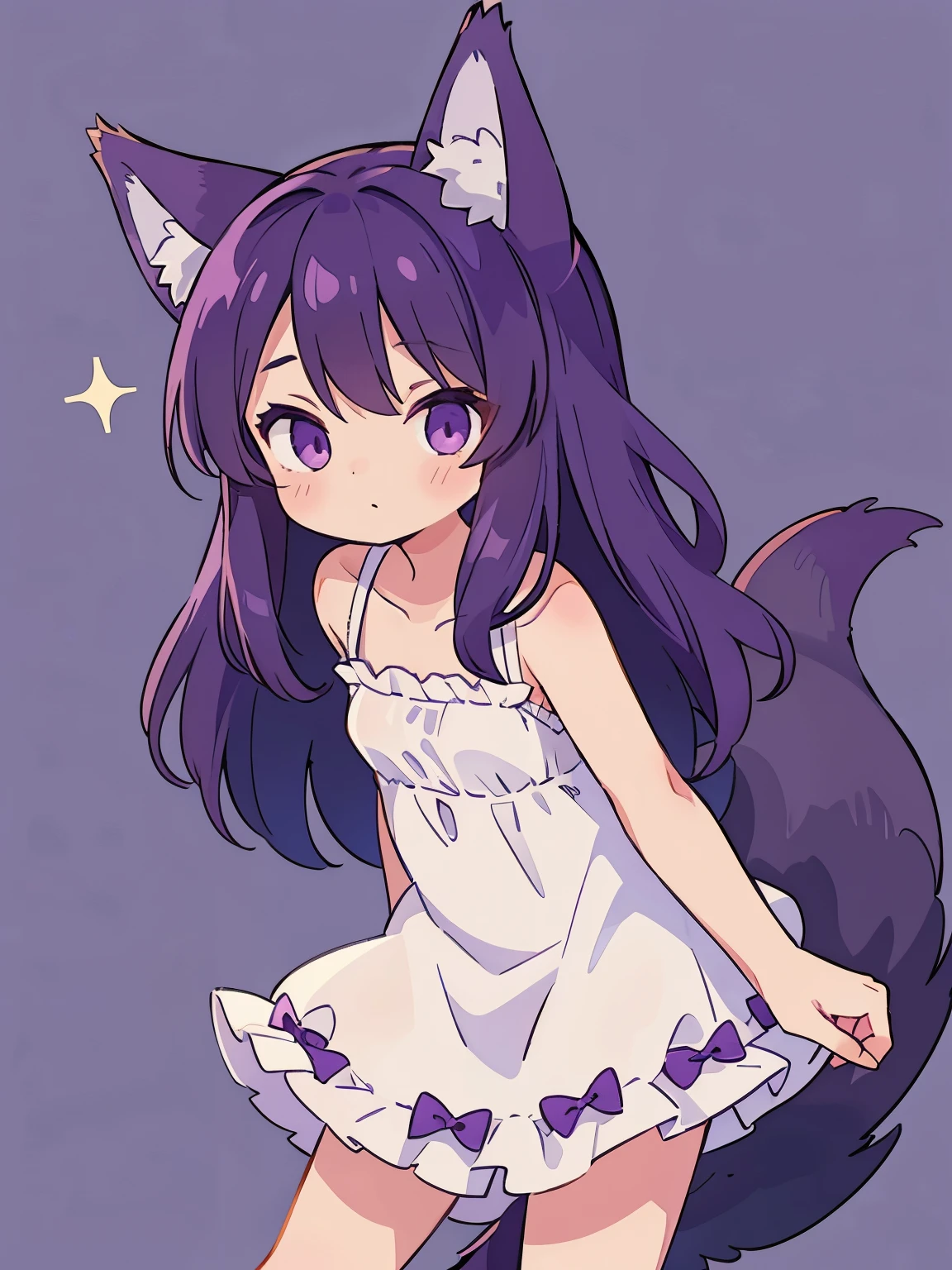 Cute, young, flat chest, 10 years old, sundress, wolf ears, fluffy tail, dark purple hair, dark purple tail, wearing vr headset