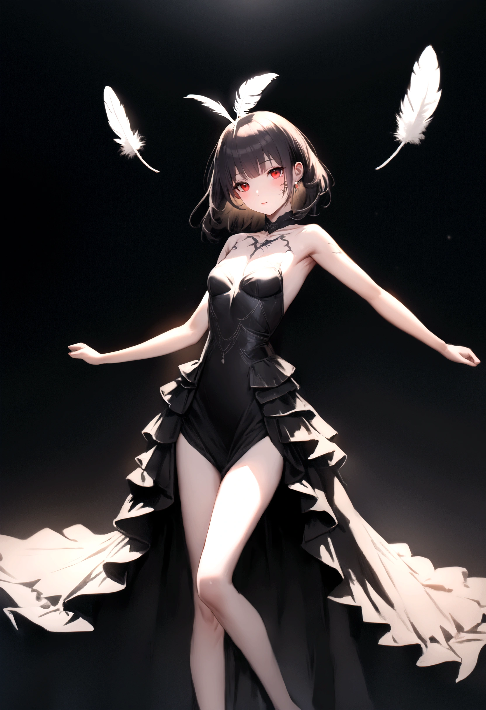Highest quality、masterpiece、Ultra-high resolution、(Realism:1.4)、Raw photo、(Thin legs) (Perfect figure)、Dynamic Pose、1 girl、It has large white feathers on its head.、Red eyes、Unusual tattoo on cheek、solo、A black crow-like dress with long black feathers scattered here and there、Deep Shadow、Low Key、Cold light 12000K 