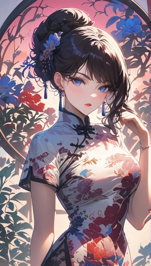 A sexy mature woman wearing a Chinese cheongsam,illustration,high fashion,beautiful detailed eyes,beautiful detailed lips,long eyelashes,fabulous makeup,vibrant colors,pose,glamorous background,stylized lighting,editorial style,Chinese cultural elements,exquisite embroidery,detailed patterns,modern twist,feminine charm,sophisticated,futuristic,chic hairstyle,elaborate accessories,alluring,wearing stylish high heels,luxurious fabric,graceful movement,confident expression,ethereal ambiance,colorful composition,impeccable attention to detail,modern elegance,expressive eyes,dramatic lighting,seamless blending,artistic flair,rich textures,immaculate fashion sense,colored lights,sensual ambiance,bold fashion statement,stylish composition