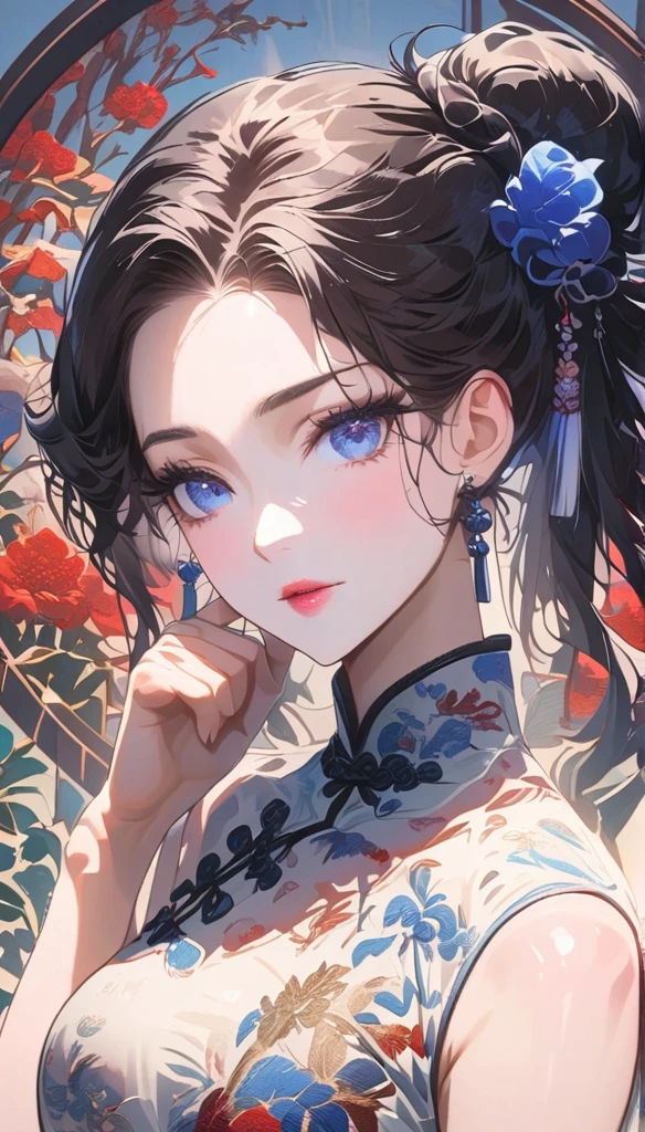 A sexy mature woman wearing a Chinese cheongsam,illustration,high fashion,beautiful detailed eyes,beautiful detailed lips,long eyelashes,fabulous makeup,vibrant colors,pose,glamorous background,stylized lighting,editorial style,Chinese cultural elements,exquisite embroidery,detailed patterns,modern twist,feminine charm,sophisticated,futuristic,chic hairstyle,elaborate accessories,alluring,wearing stylish high heels,luxurious fabric,graceful movement,confident expression,ethereal ambiance,colorful composition,impeccable attention to detail,modern elegance,expressive eyes,dramatic lighting,seamless blending,artistic flair,rich textures,immaculate fashion sense,colored lights,sensual ambiance,bold fashion statement,stylish composition