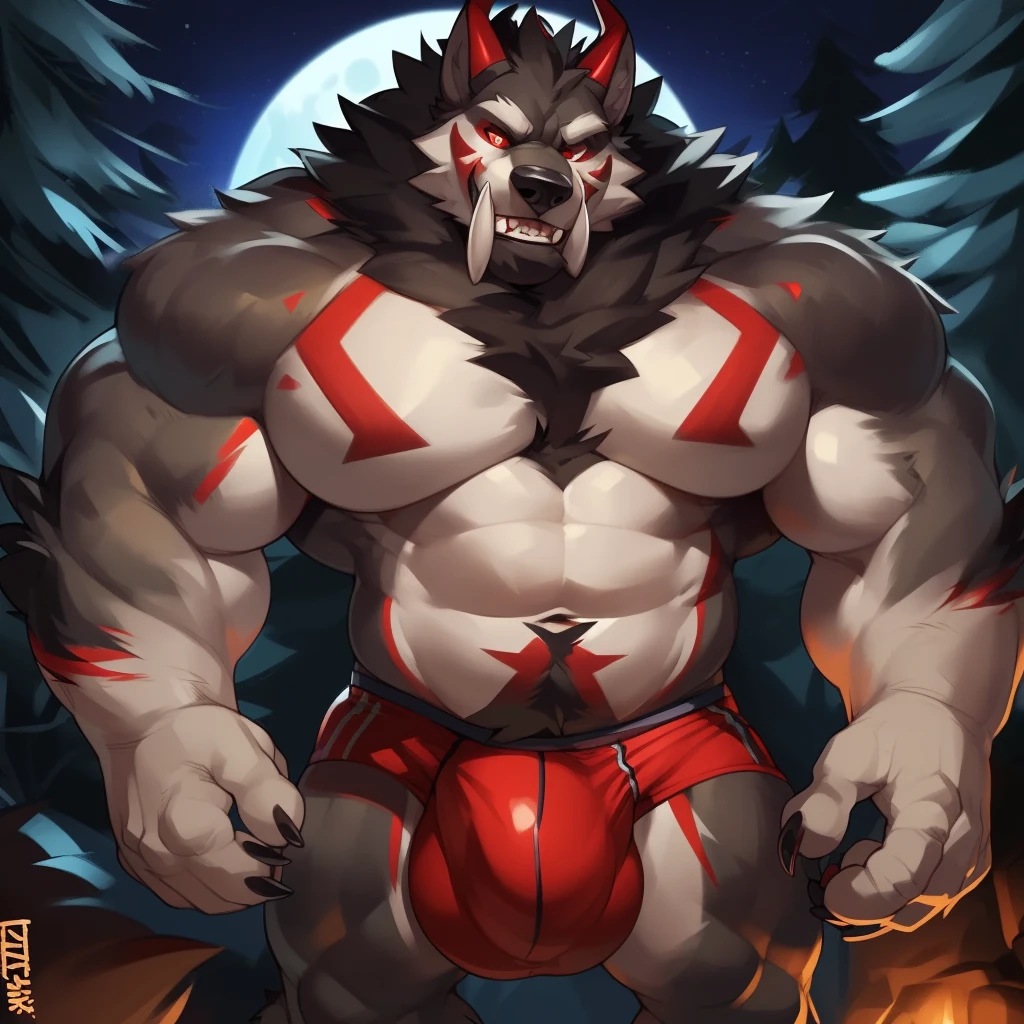 Solo, male (((giant, tall, wolf, werewolf, red eyes, grey body, Muscular, broad shoulders, hyper pecs, huge pecs, huge muscles, abs, muscular arms, muscular thighs, sharp teeth, black chest hair, black nose, tail, fangs, exposed teeth, clawed hands, clawed feet, big tusks, horns, big horns, body marking, red markings, black claws, scruffy cheeks, huge bulge))) forest, night, standing ((male focus, focus wolf, focus teeth)) rubbing stomach, detailed hands, detailed eyes, detailed face, detailed teeth, detailed tusks, detailed arms, detailed abs, detailed bulge, detailed snout, briefs, black briefs, big briefs, accurate tusk placement, perfect anatomy, by darkgem, by mystikfox61, by glitter trap boy