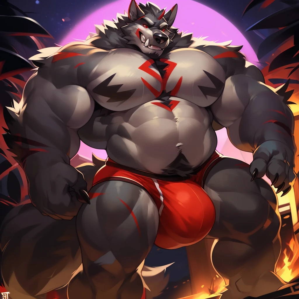Solo, male (((giant, tall, wolf, werewolf, red eyes, grey body, Muscular, broad shoulders, hyper pecs, huge pecs, huge muscles, abs, muscular arms, muscular thighs, sharp teeth, black chest hair, black nose, tail, fangs, exposed teeth, clawed hands, clawed feet, big tusks, horns, big horns, body marking, red markings, black claws, scruffy cheeks, huge bulge))) forest, night, standing ((male focus, focus wolf, focus teeth)) rubbing stomach, detailed hands, detailed eyes, detailed face, detailed teeth, detailed tusks, detailed arms, detailed abs, detailed bulge, detailed snout, briefs, black briefs, big briefs, accurate tusk placement, perfect anatomy, by darkgem, by mystikfox61, by glitter trap boy