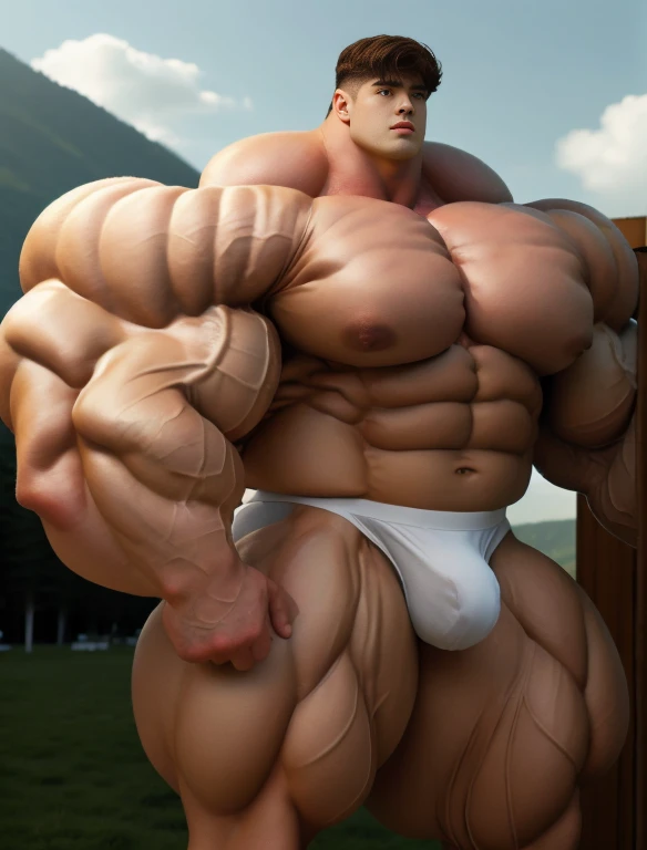 1boy, giant, alone, giant bodybuilder, illuminating light, strong body, bulk, large size, standing, with panoramic background, outdoor, nude, white triangular underwear, thick bulge, scratch his bulge, extraordinary big, brutalmass, giant muscular body, bulk, buff, massive body, large meaty body size, extremely wide body