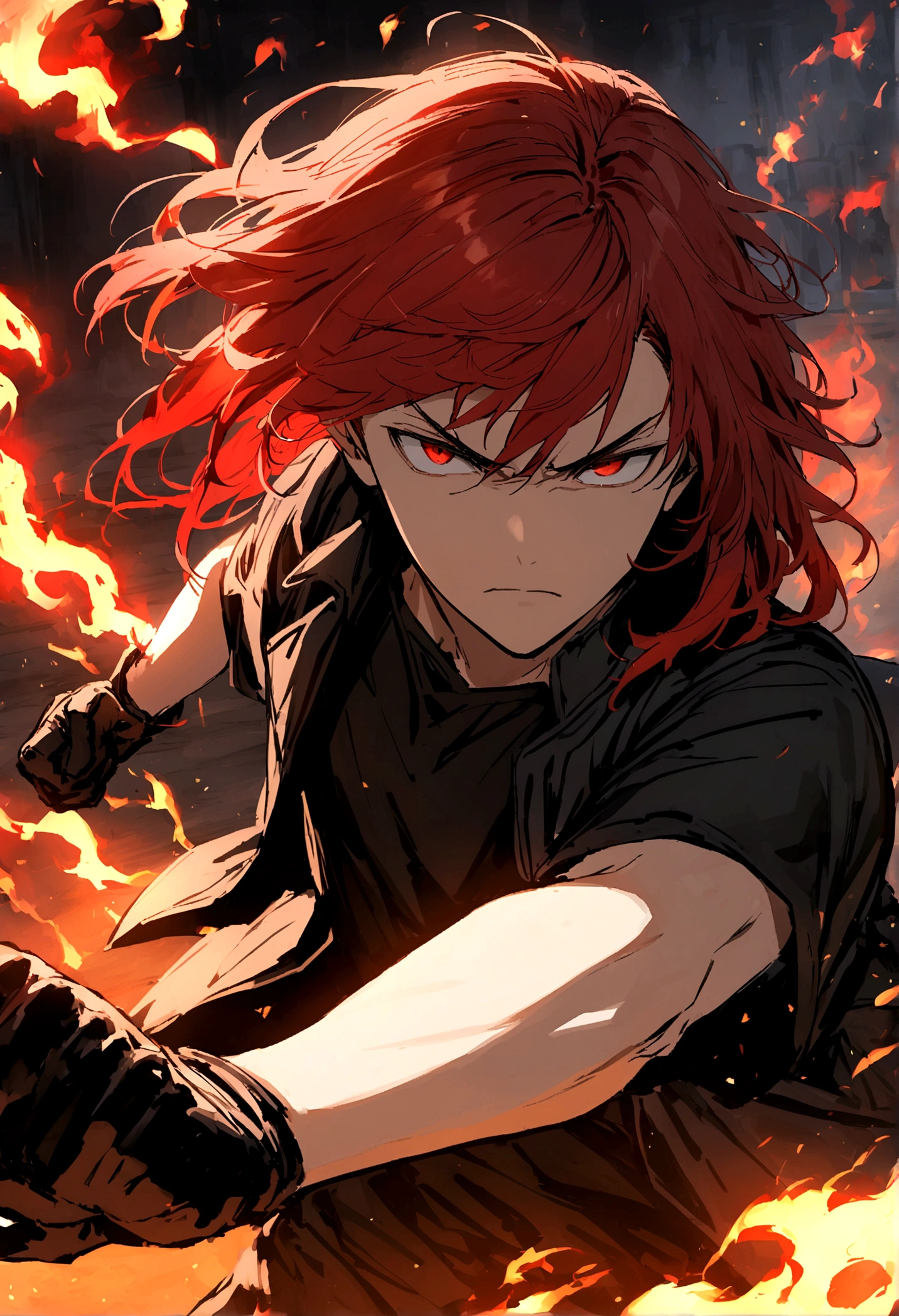 Teenage boy, tidy hair, medium length hair, hair with bangs covering the left eye, multicolored black and red hair, serious face, Eyes red, black jersey, loose red short-sleeved overcoat, pair of medium black gloves, fire aura around the character, scene in an open-air fighting arena
