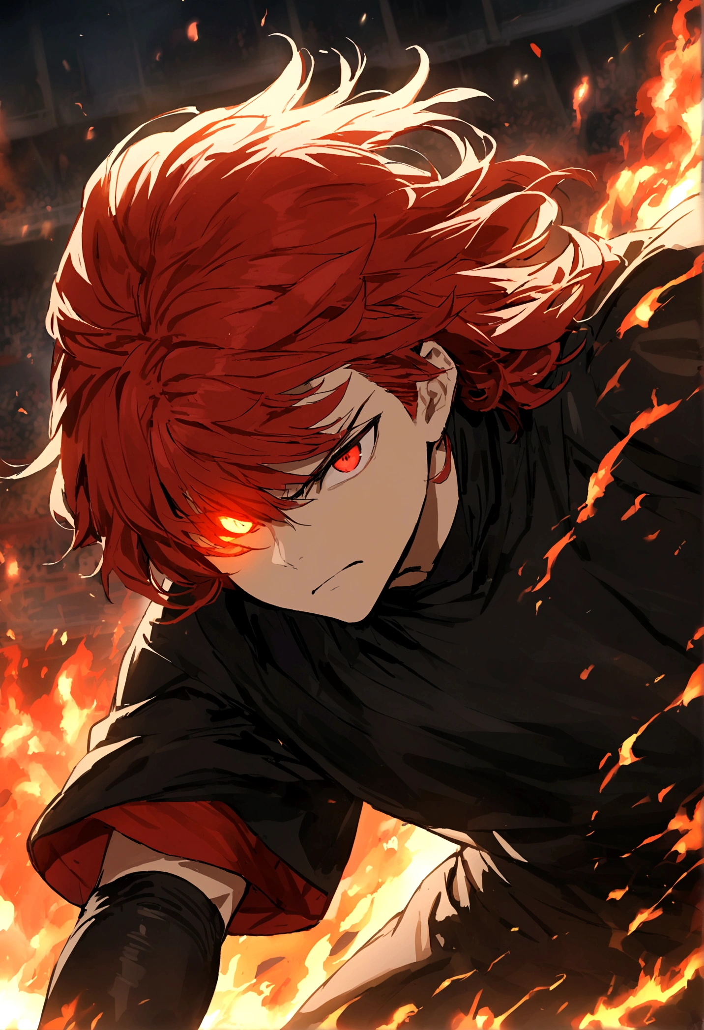 age boy, tidy hair, medium length hair, hair with bangs covering the left eye, multicolored black and red hair, serious face, Eyes red, black jersey, loose red short-sleeved overcoat, pair of medium black gloves, fire aura around the character, scene in an open-air fighting arena