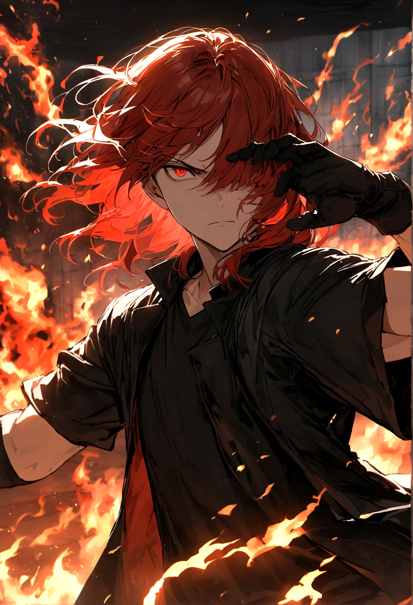 age boy, tidy hair, medium length hair, hair with bangs covering the left eye, multicolored black and red hair, serious face, Eyes red, black jersey, loose red short-sleeved overcoat, pair of medium black gloves, fire aura around the character, scene in an open-air fighting arena