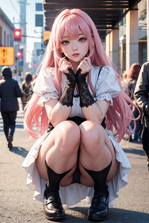 milk、whole body、long hair、Pink Hair、bangs、Beautiful Skin、20-year-old women、Double eyelids、Beautiful eyes、Outdoor、In town、crowd、Beautiful woman、Black lace underwear、Thin eyebrows、Beautiful eyes、whole body、squat、blush、gloves、high resolution、M-shaped legs、loafers、White socks、Black socks、Beautiful woman、 high quality ,4K ,Scanline illumination, Volumetric Light、8K Ultra HD, Soft lighting, high quality, Film Gray