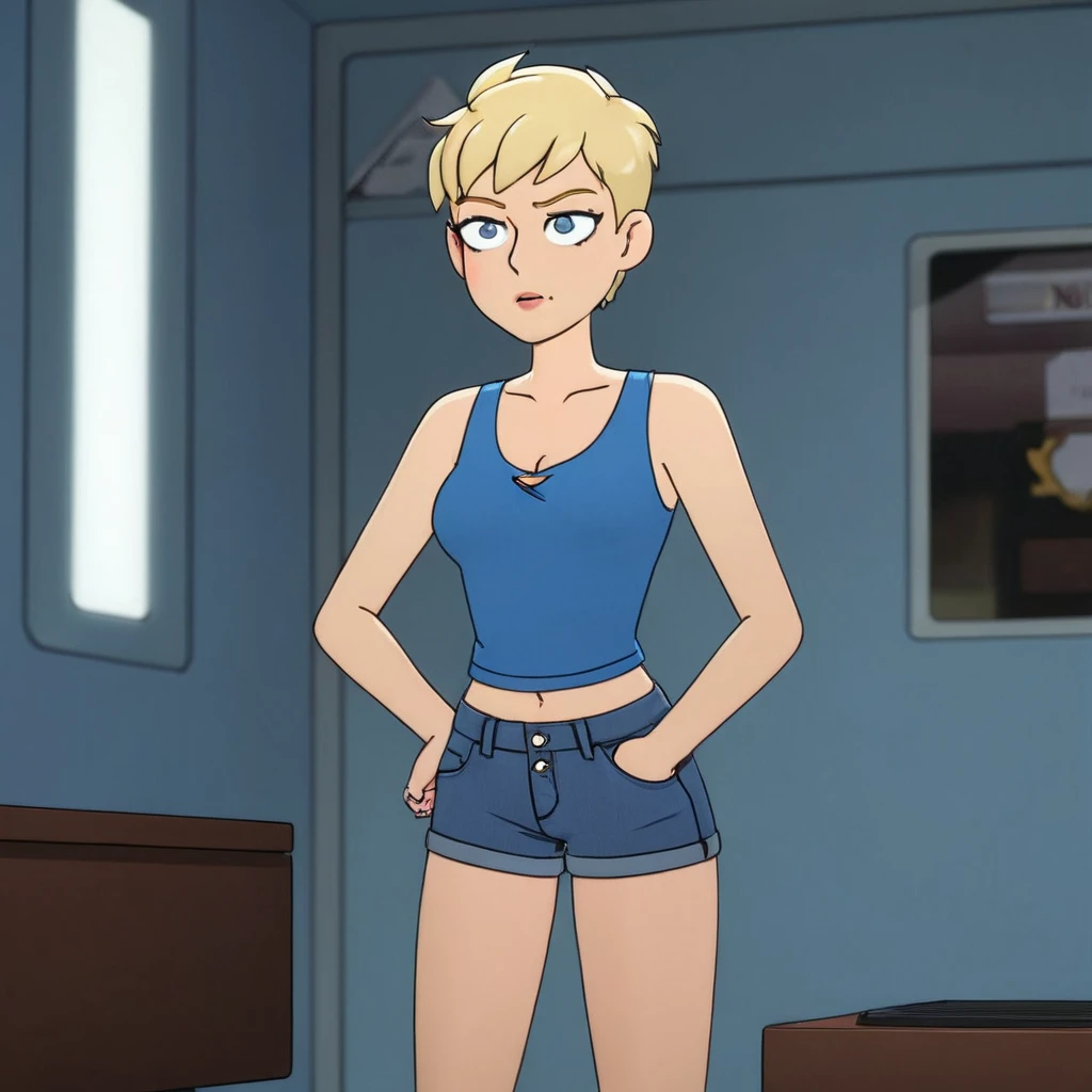 Panel work of art, blue colored eyes, short blonde hair, wearing a tight blue tank top with a low neckline, wearing short, tight denim shorts with the buttons open, defined body, 4K HD image