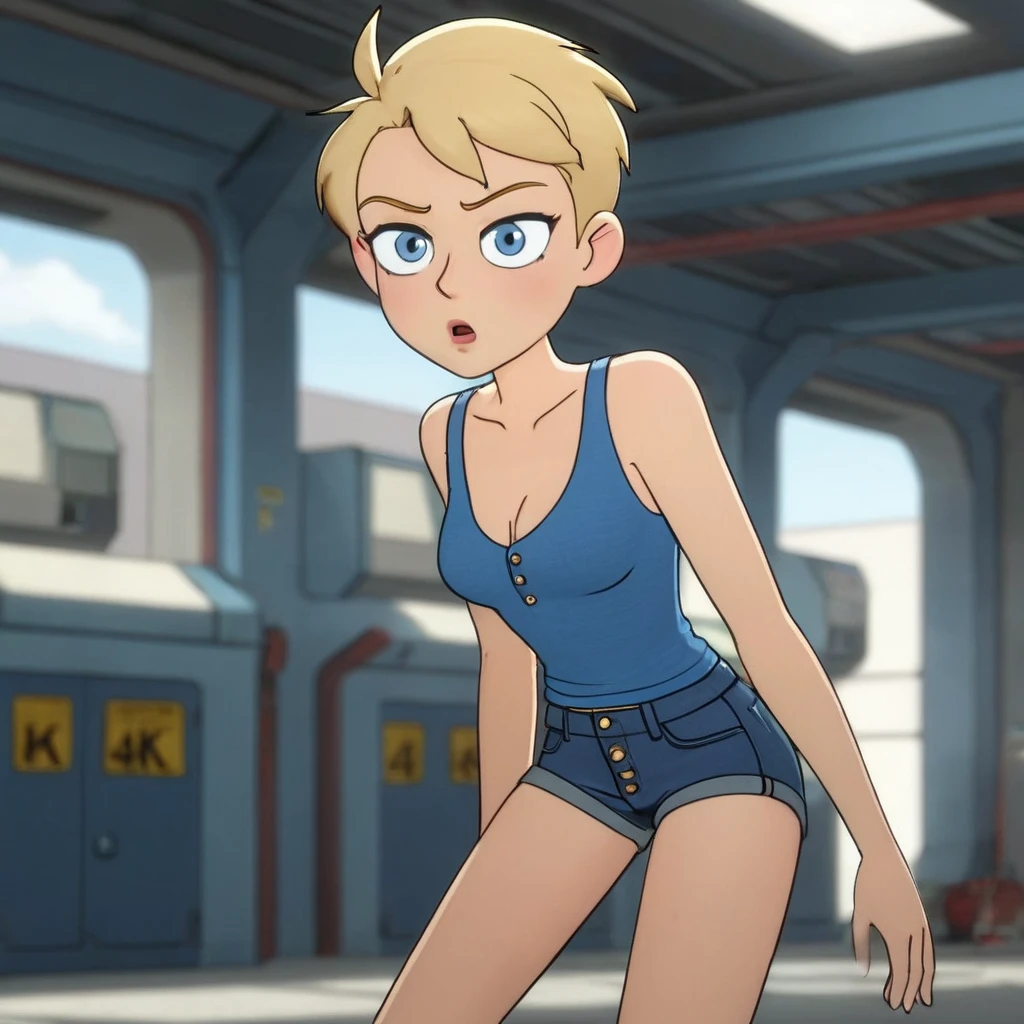 Panel work of art, blue colored eyes, short blonde hair, wearing a tight blue tank top with a low neckline, wearing short, tight denim shorts with the buttons open, defined body, 4K HD image