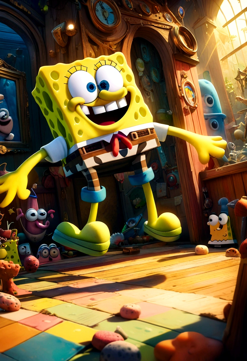1 cute cartoon character spongebob squarepants,discovering patrick star,vibrant colors,intricate details,dynamic composition,whimsical atmosphere,soft lighting,highly detailed,4k,8k,photorealistic