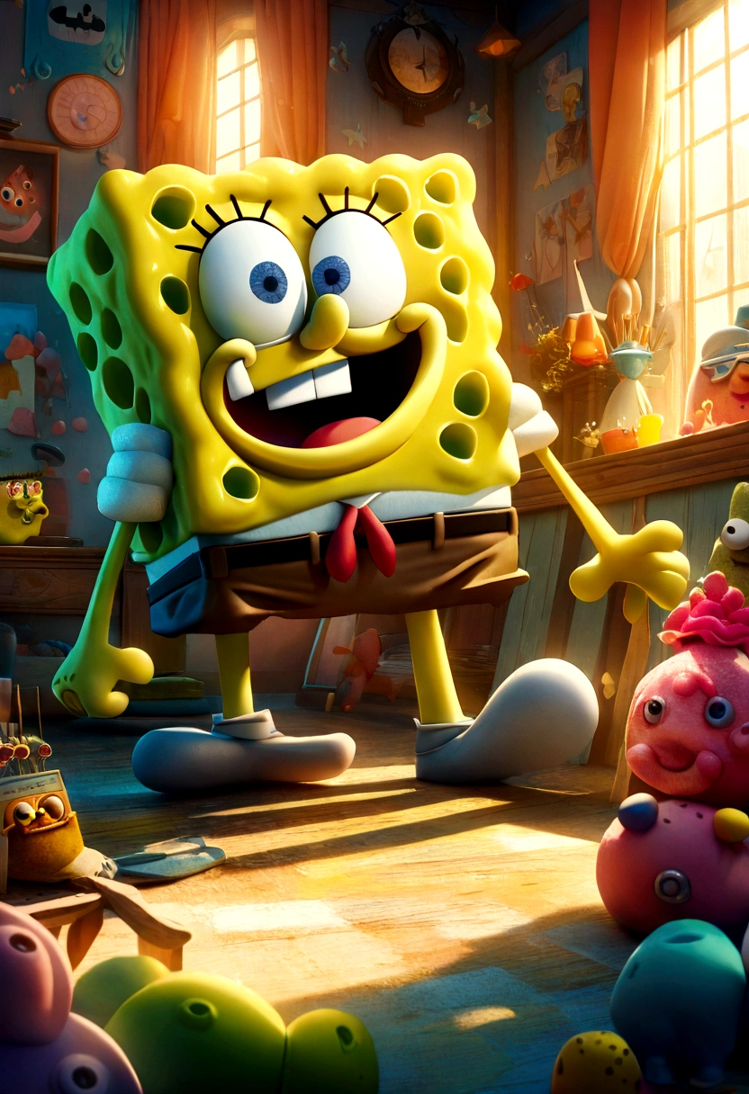 1 cute cartoon character spongebob squarepants,discovering patrick star,vibrant colors,intricate details,dynamic composition,whimsical atmosphere,soft lighting,highly detailed,4k,8k,photorealistic
