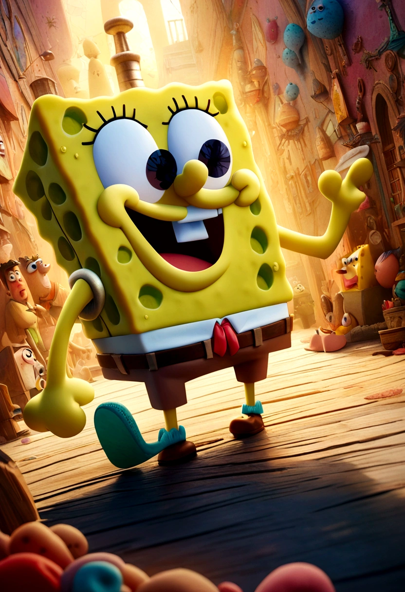 1 cute cartoon character spongebob squarepants,discovering patrick star,vibrant colors,intricate details,dynamic composition,whimsical atmosphere,soft lighting,highly detailed,4k,8k,photorealistic