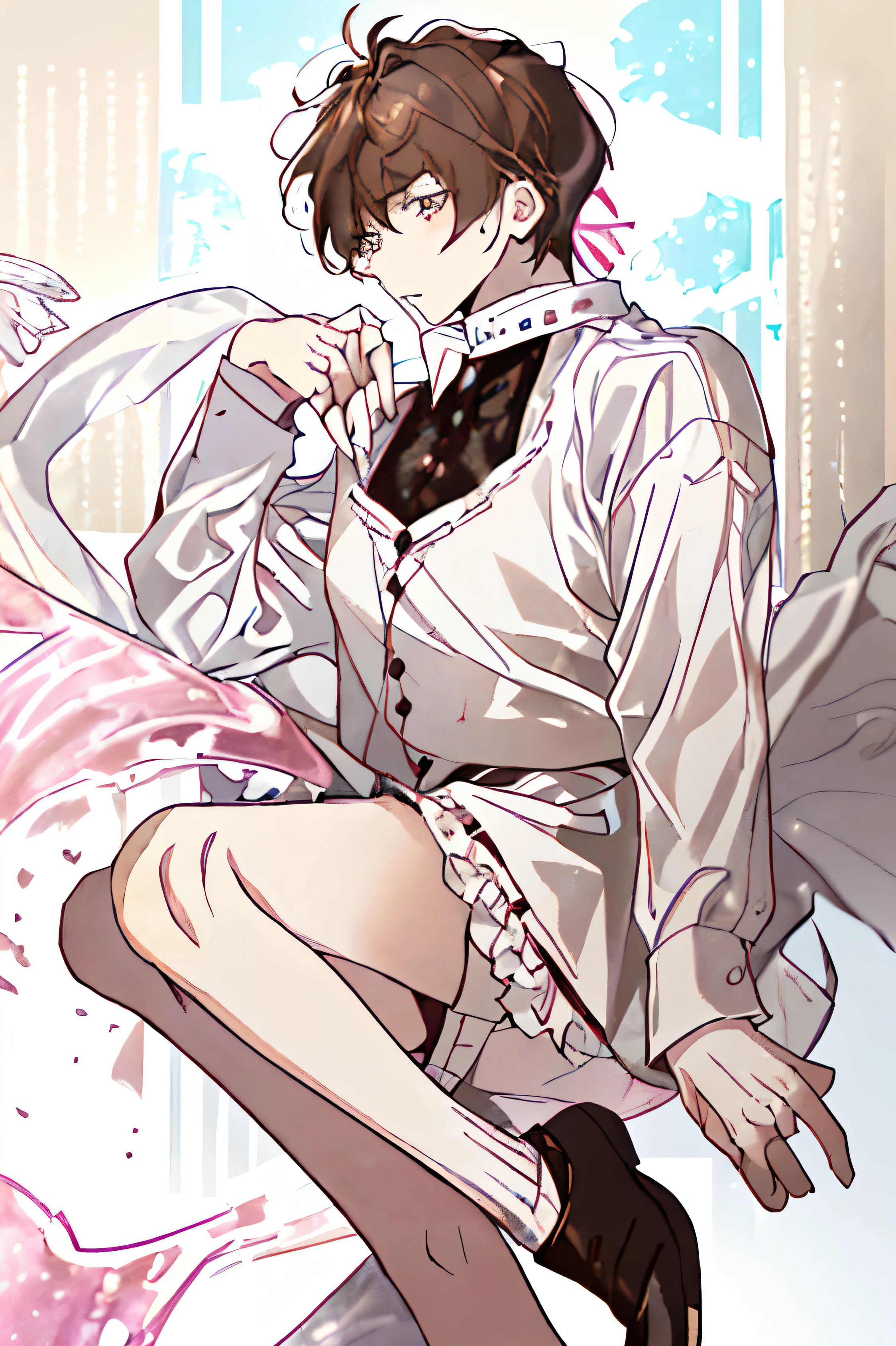 A boy with messy voluminous brown hair wearing a dirt stained ruffled dress shirt and some white yuji shorts and walking in baggy white socks woth no shoes, ,dirt stained clothes, curled up in the corner of a abandoned pink house ,paint peeling off, damaged wood floors