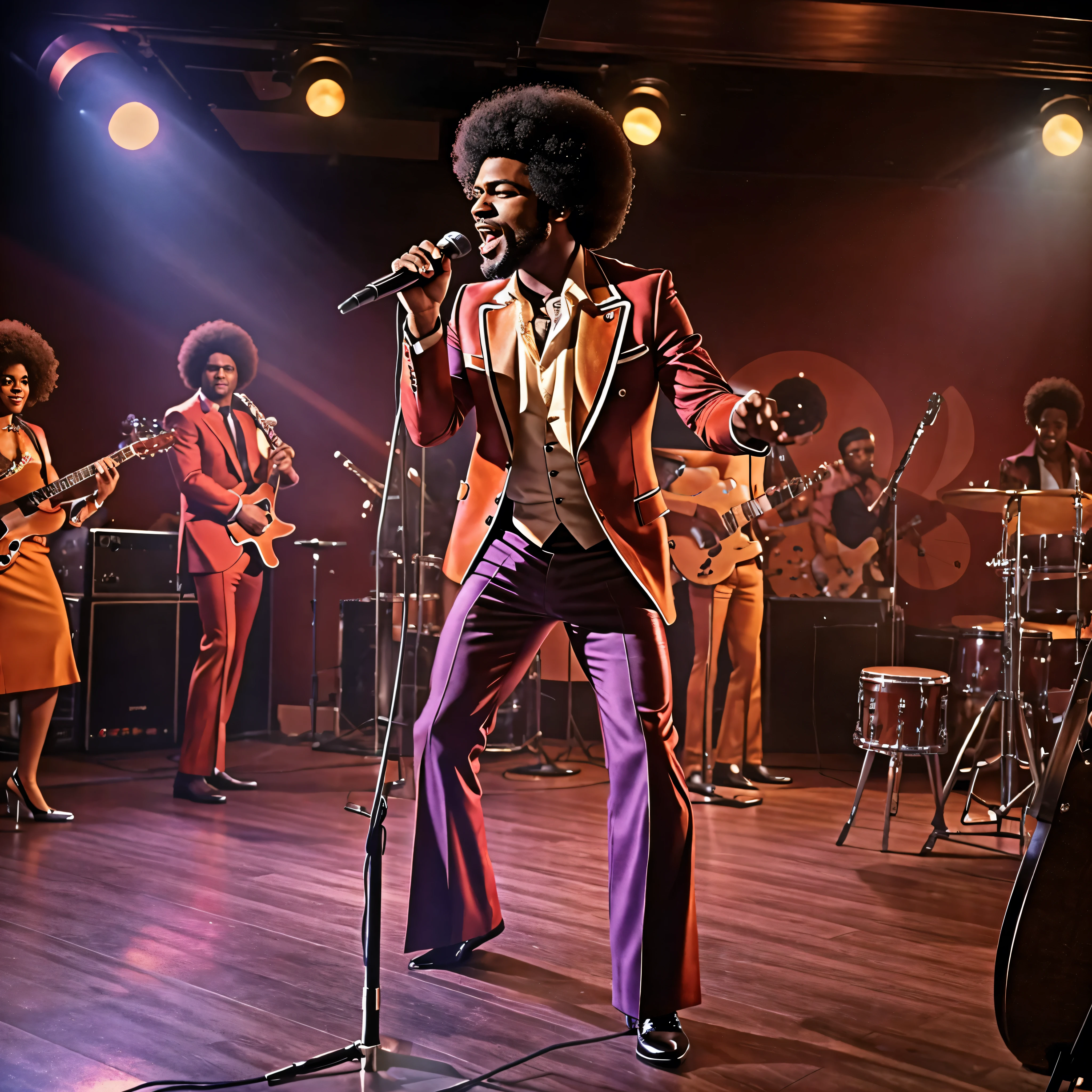 A dynamic 1970s scene featuring fictional R&B star Ronnie Sampson passionately singing on stage in a smoky nightclub. Ronnie, with his iconic afro, is dressed in a stylish suit with wide lapels and flared pants. The stage is bathed in dim, colorful lights, adding to the club’s smoky atmosphere. The audience is lively, enjoying the soulful performance. The vintage decor, with plush seating and round tables, completes the authentic 1970s vibe. cinematic, cinematic action, atmospheric perspective, depth of field, textured skin, super detail,