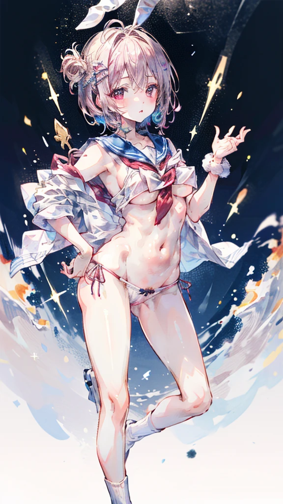 (Best quality, 8k, 32k, Masterpiece, UHD,:1.2),RAW, human, 1girl,ultra cute , ultra cute, natural lighting,transparent shining eyes, 20yo, medium breast ,femur, fair complexion , flushed face, sailor suit, playboy rabbit ear, show off panties, pink hair, short hair,