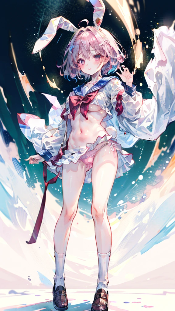 (Best quality, 8k, 32k, Masterpiece, UHD,:1.2),RAW, human, 1girl,ultra cute , ultra cute, natural lighting,transparent shining eyes, 20yo, medium breast ,femur, fair complexion , flushed face, sailor suit, playboy rabbit ear, show off panties, pink hair, short hair,