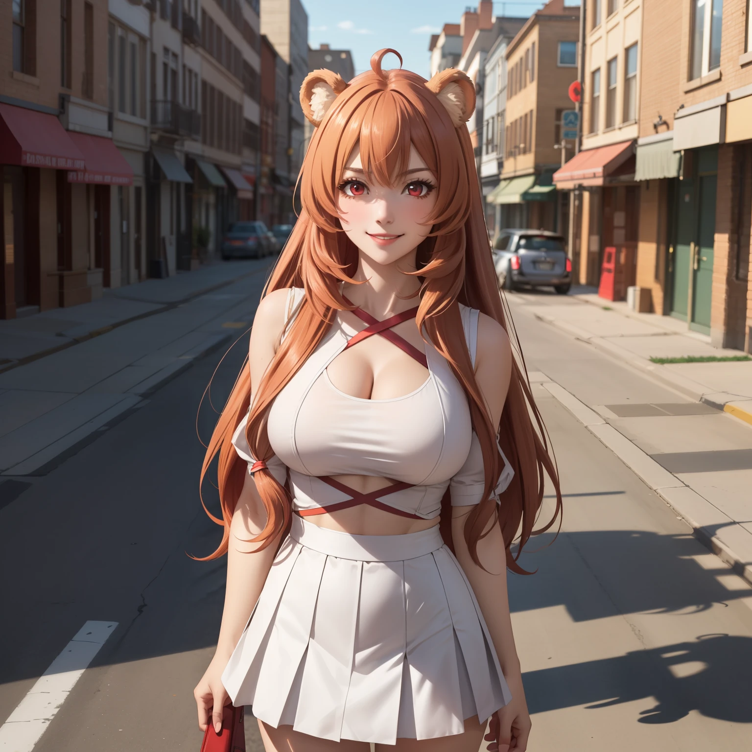 Raphtalia woman 35 years old straight orange hair , bear ears redondeadas, red eyes like ruby., flirtatious smile, pale skin, big breasts, modern clothing low-cut short white top, White mini skirt,  red tops, , bear ears, , background of a streets of a modern city.