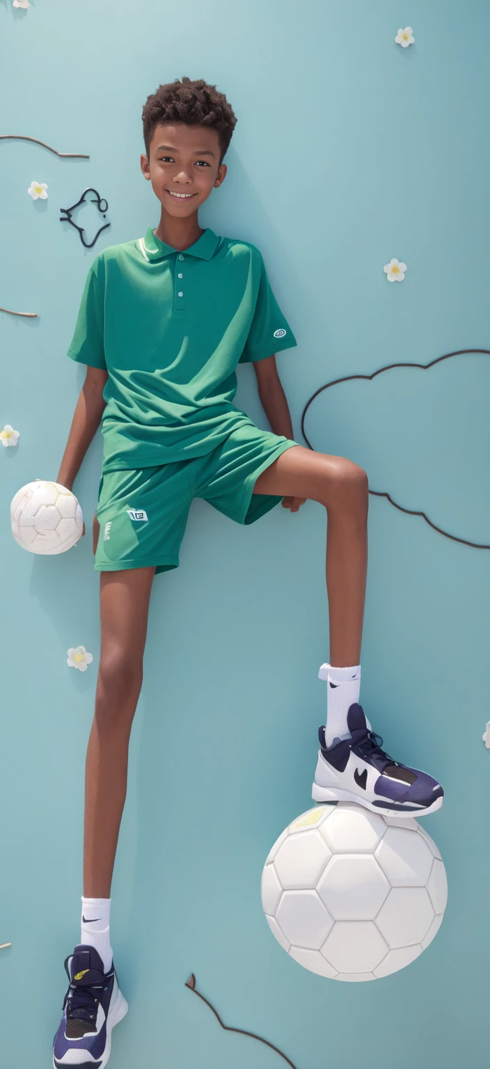 14 year old boy,(Wearing white tennis clothes,Wearing green socks),Dark skin,Big round eyes,Very short hair,Tall and skinny,Toothy Smile,Sharpen details,Knee muscle lines,Blue Background,Holding flowers in hands