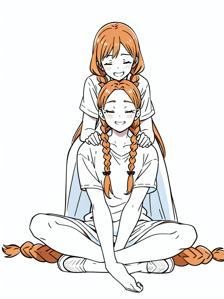 1girl,20 years old,mature female,tiger ears,long hair,casual outfit,(twin braids),orange hair,(white background,line drawing),sitting,blush,open mouth,smile,closed eyes,drunked
