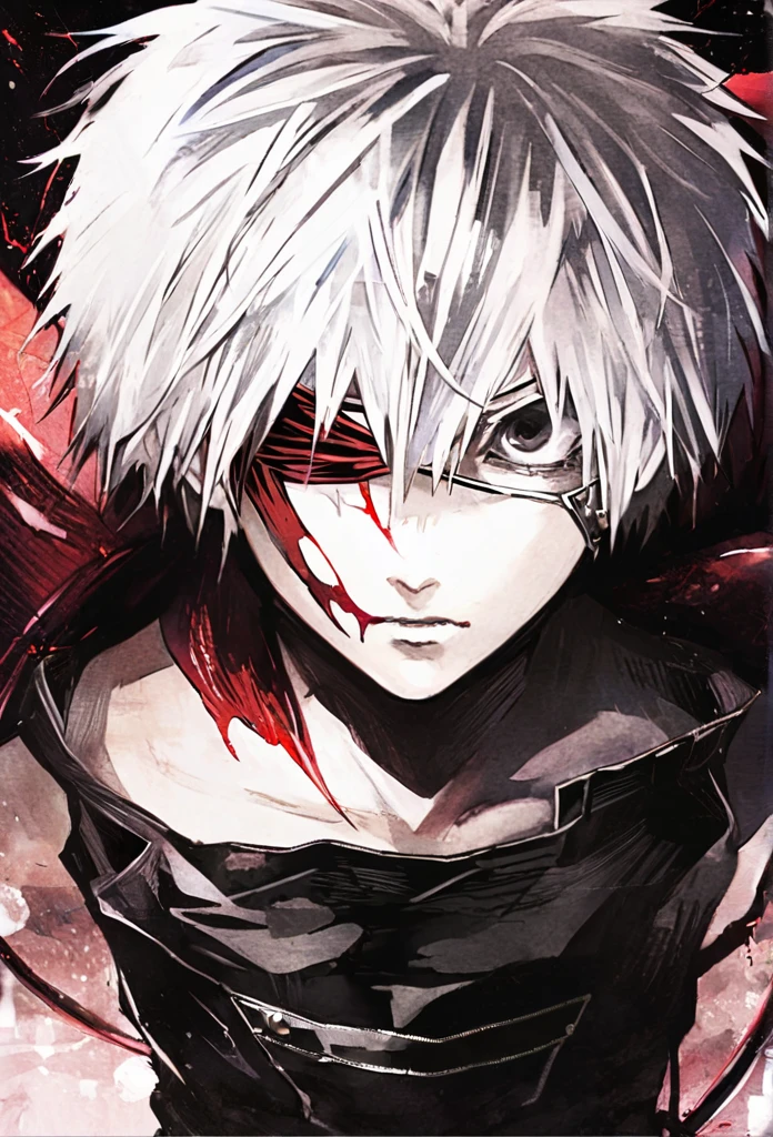 ```
ken kaneki, Tokyo Ghoul, white hair, black outfit, eyepatch, half-ghoul, serious expression, red kakugan eye, kagune tentacles, detailed face, high quality、Overall view、Uplifting、Cold-like sensation、Acrobatic

```