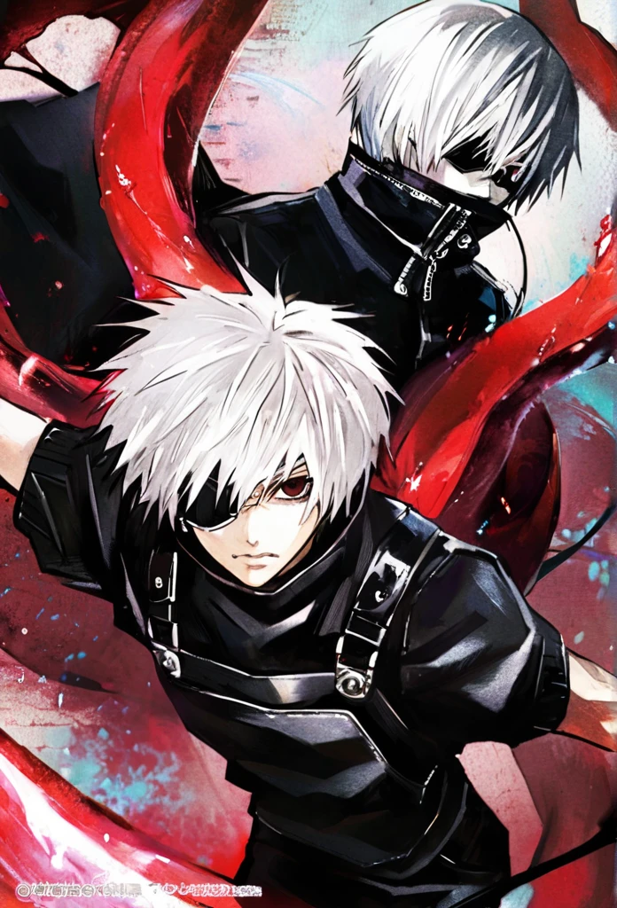```
ken kaneki, Tokyo Ghoul, white hair, black outfit, eyepatch, half-ghoul, serious expression, red kakugan eye, kagune tentacles, detailed face, high quality、Overall view、Uplifting、Cold-like sensation、Acrobatic
```