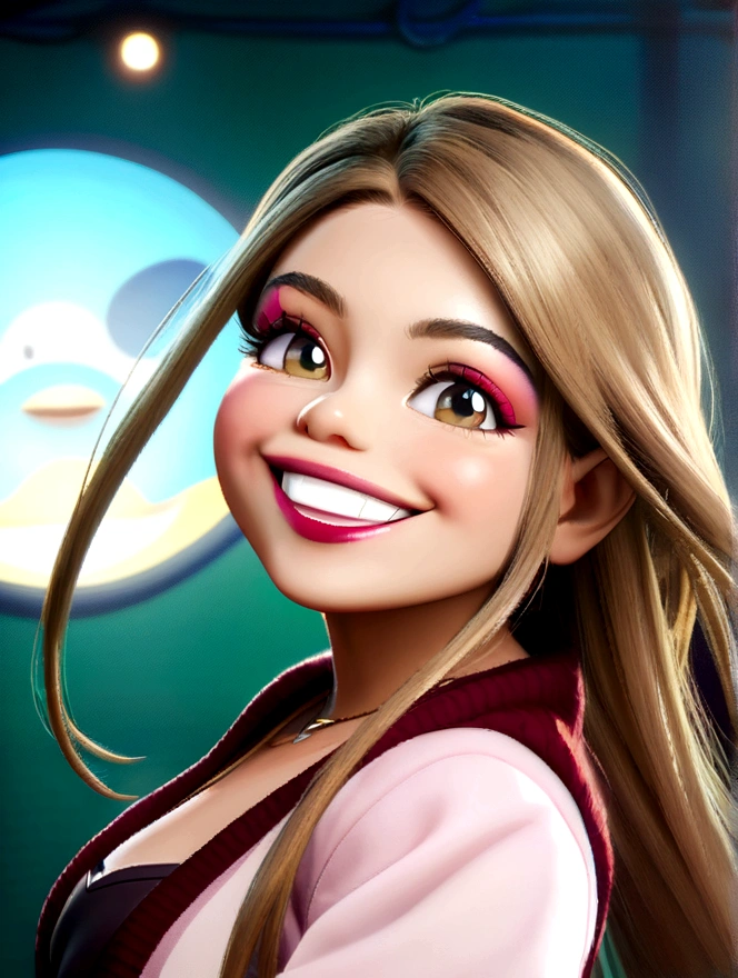 Imagem estilo pixar com personagem 3D óculos brancos mulher cabelo longo, blond, smooth dancing, Disney makeup,fisherman, cute, smiling ,close up, pixar, Disney, cinema lighting,