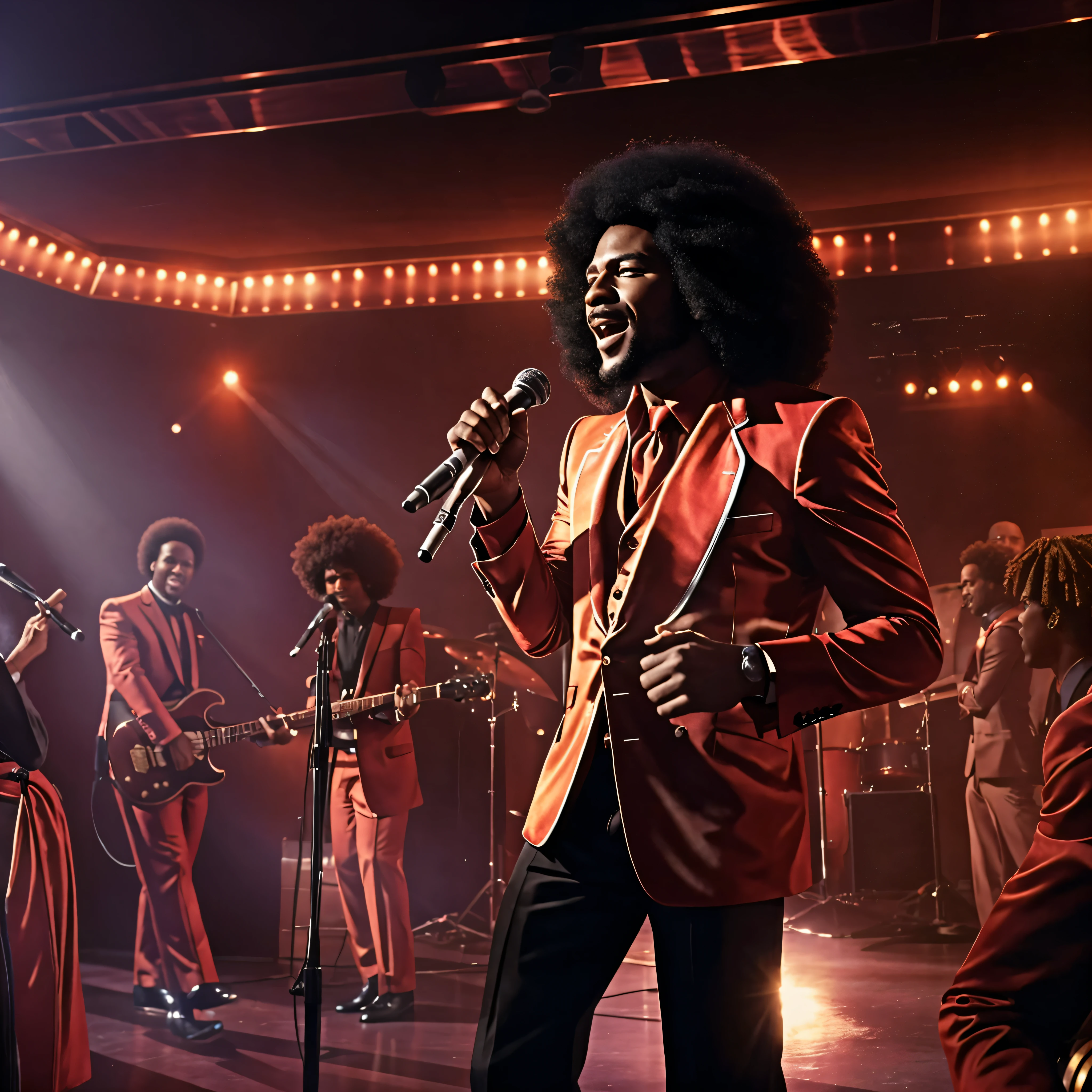  A dynamic 1970s scene featuring fictional R&B star Ronnie Sampson passionately singing on stage in a smoky nightclub. Ronnie, with his iconic afro, is dressed in a stylish suit with wide lapels and flared pants. The stage is bathed in dim, colorful lights, adding to the club’s smoky atmosphere. The audience is lively, enjoying the soulful performance. The vintage decor, with plush seating and round tables, completes the authentic 1970s vibe. cinematic, cinematic action, atmospheric perspective, depth of field, textured skin, super detail, 