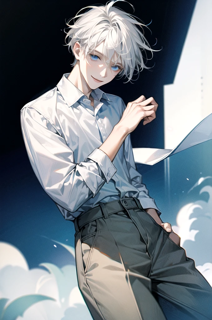 ((Masterpiece)), Best Quality, Ultra Detailed, Floating, High Resolution, (1 boy), short hair, white hair, blue eyes, smile facial, white shirt,