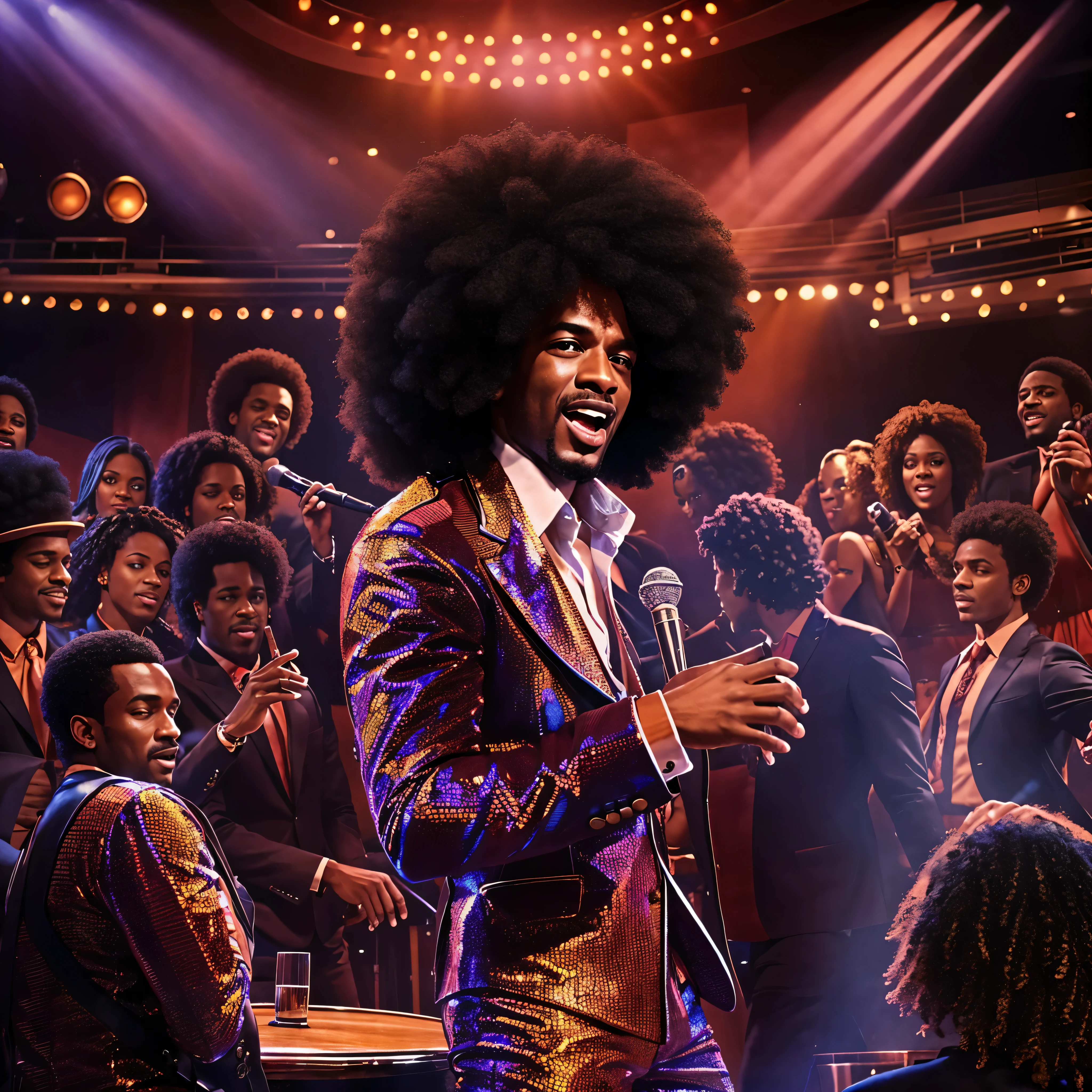  A dynamic 1970s scene featuring fictional R&B star Ronnie Sampson passionately singing on stage in a smoky nightclub. Ronnie, with his iconic afro, is dressed in a stylish suit with wide lapels and flared pants. The stage is bathed in dim, colorful lights, adding to the club’s smoky atmosphere. The audience is lively, enjoying the soulful performance. The vintage decor, with plush seating and round tables, completes the authentic 1970s vibe. cinematic, cinematic action, atmospheric perspective, depth of field, textured skin, super detail, 