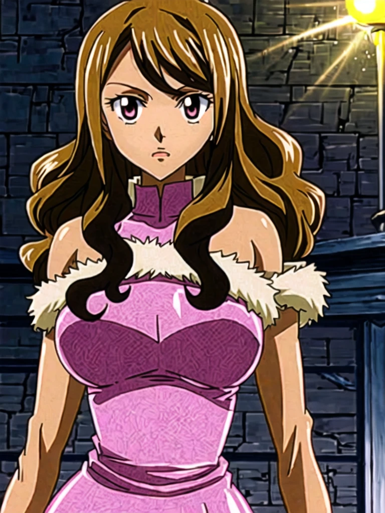 fairy_tail_style:1, (anime art style:1.2), 1girl, solo, long_hair, curly_hair, bow, bare_shoulders, light-pink_eyes, dark_brown_hair, upper_body, pink latex dress, matured, dark_tanned_skin_tone, dark_skin, light-pink_fur_coat, brown_colored_skin