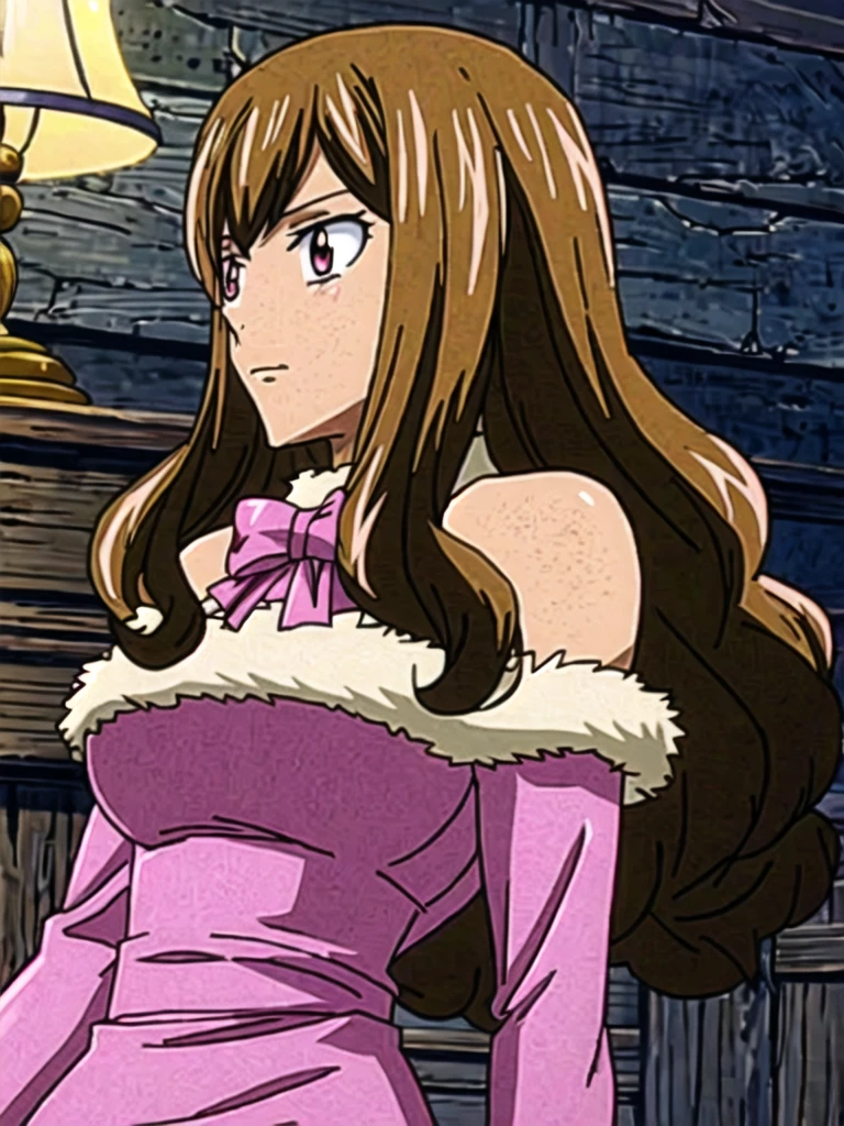 fairy_tail_style:1, (anime art style:1.2), 1girl, solo, long_hair, curly_hair, bow, bare_shoulders, light-pink_eyes, dark_brown_hair, upper_body, pink latex dress, matured, dark_tanned_skin_tone, dark_skin, light-pink_fur_coat, brown_colored_skin