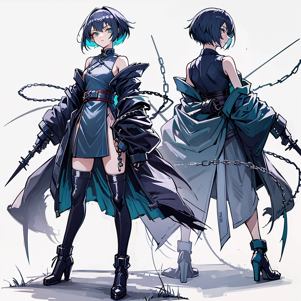 (Masterpiece, top quality), (detailed hair), super detailed, anime style, full body, solo, Cyberpunk ninja girl, medium short White hair, green eyes, wearing cyber kimono, feminine figure, holding chain kunai, chain wrapped rugged gauntlets, high heeled boots, standing wasteland, white background, whole body,