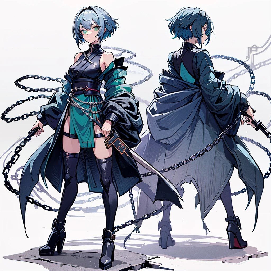 (Masterpiece, top quality), (detailed hair), super detailed, anime style, full body, solo, Cyberpunk ninja girl, medium short White hair, green eyes, wearing cyber kimono, feminine figure, holding chain kunai, chain wrapped rugged gauntlets, high heeled boots, standing wasteland, white background, whole body,
