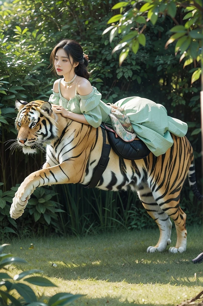 (((best quality))), (((ultra detailed))), (((masterpiece))), illustration, summer forest, beautiful girl,riding on a tiger, lush green trees, animals, beautiful dress, sandals, leash, collar, stick, calm, confident, powerful animal, terrifying, beautiful, power, grace, enjoying experience, confident handling, calming tiger, harmony, coexist peacefully, respect appreciate nature, exploit, connection nature, interdependence creatures,