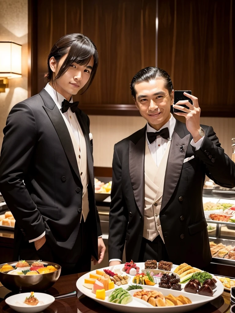 A man with his bangs down and a man with his hair slicked back are taking a photo together, Japanese, Luxury Suits, Luxury hotel buffet