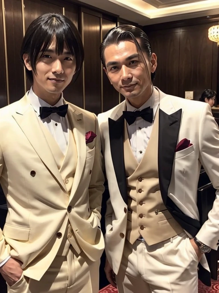 A man with his bangs down and a man with his hair slicked back are taking a photo together, Japanese, Luxury Suits, Luxury hotel buffet