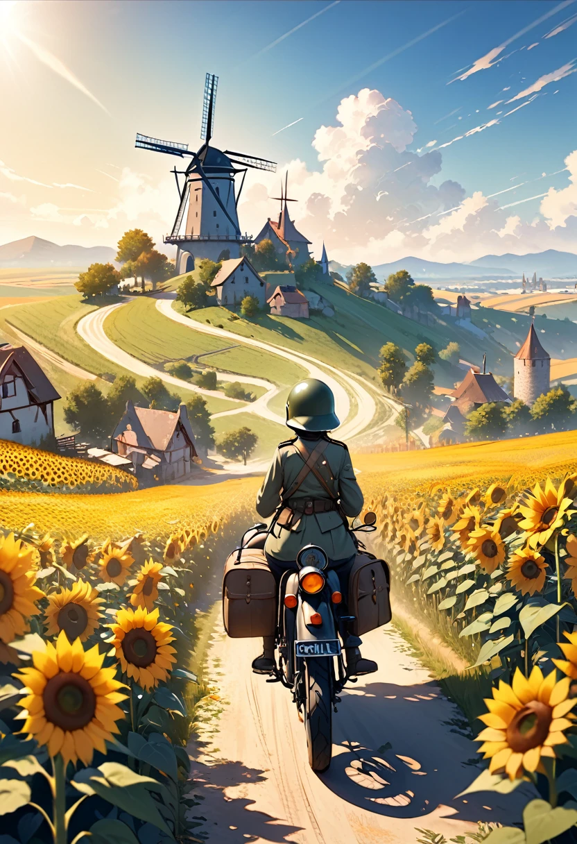 1girl riding old military motorcycle through sunflower field, wearing old German army uniform and helmet, carrying bag on shoulder, old military-style black bike, sunflower field on vast hill, windmill tower, mirage, cloudless blue sky, summer sun rays, fairy tale atmosphere, lonely atmosphere, distant shot from behind, (best quality,4k,8k,highres,masterpiece:1.2),ultra-detailed,CG illustration, ultra-fine painting, vivid colors