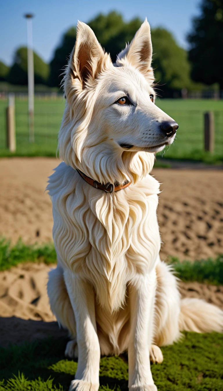 There is no one, realistic photo, photo realism, realism, Belgian Like Noah(Belgian Laekenois), perfect composition, intricate details, Very sharp, masterpiece, profile, high resolution, looking at the viewer, Full body photo in the dog park