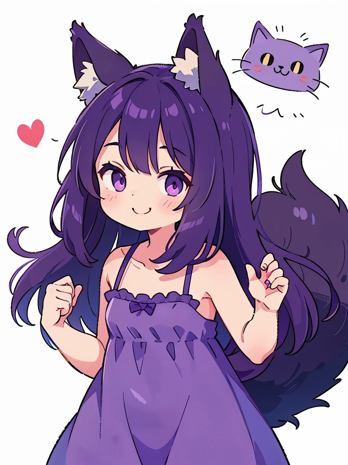 Cute, young, flat chest, , naked, small legs, kneeling, thin legs, wolf ears, fluffy tail, dark purple hair, dark purple tail, smiling, headpat