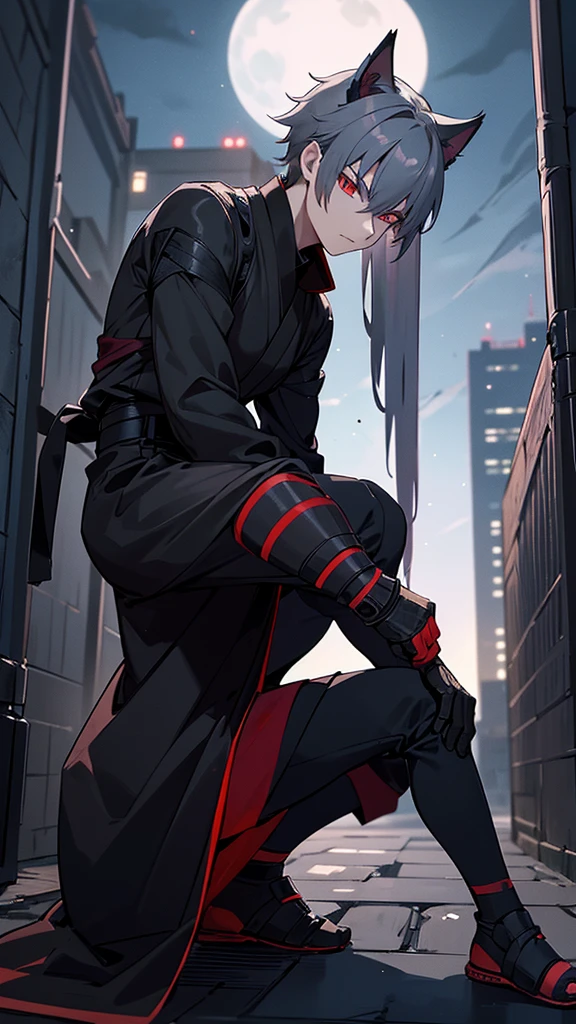 a male ninja with cat-like features, 18 years old, grey hair, red eyes, ninja attire, in the dark night, blending into the shadows, lower half of face obscured, faintly lit by moonlight, in an urban setting, full body, posed in a crouching stance, best quality, ultra-detailed, masterpiece