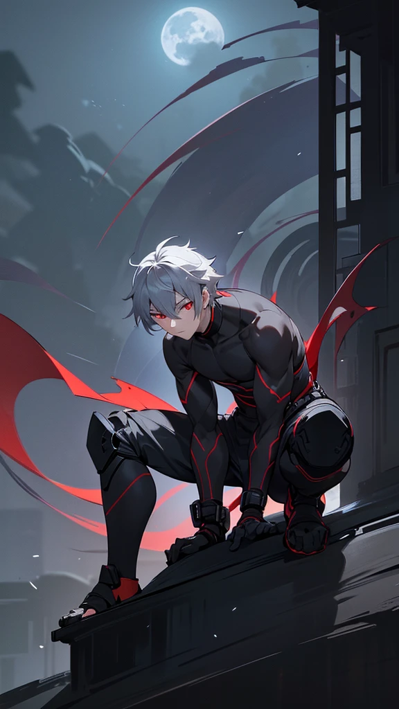 a male ninja with cat-like features, 18 years old, grey hair, red eyes, ninja attire, in the dark night, blending into the shadows, lower half of face obscured, faintly lit by moonlight, in an urban setting, full body, posed in a crouching stance, best quality, ultra-detailed, masterpiece